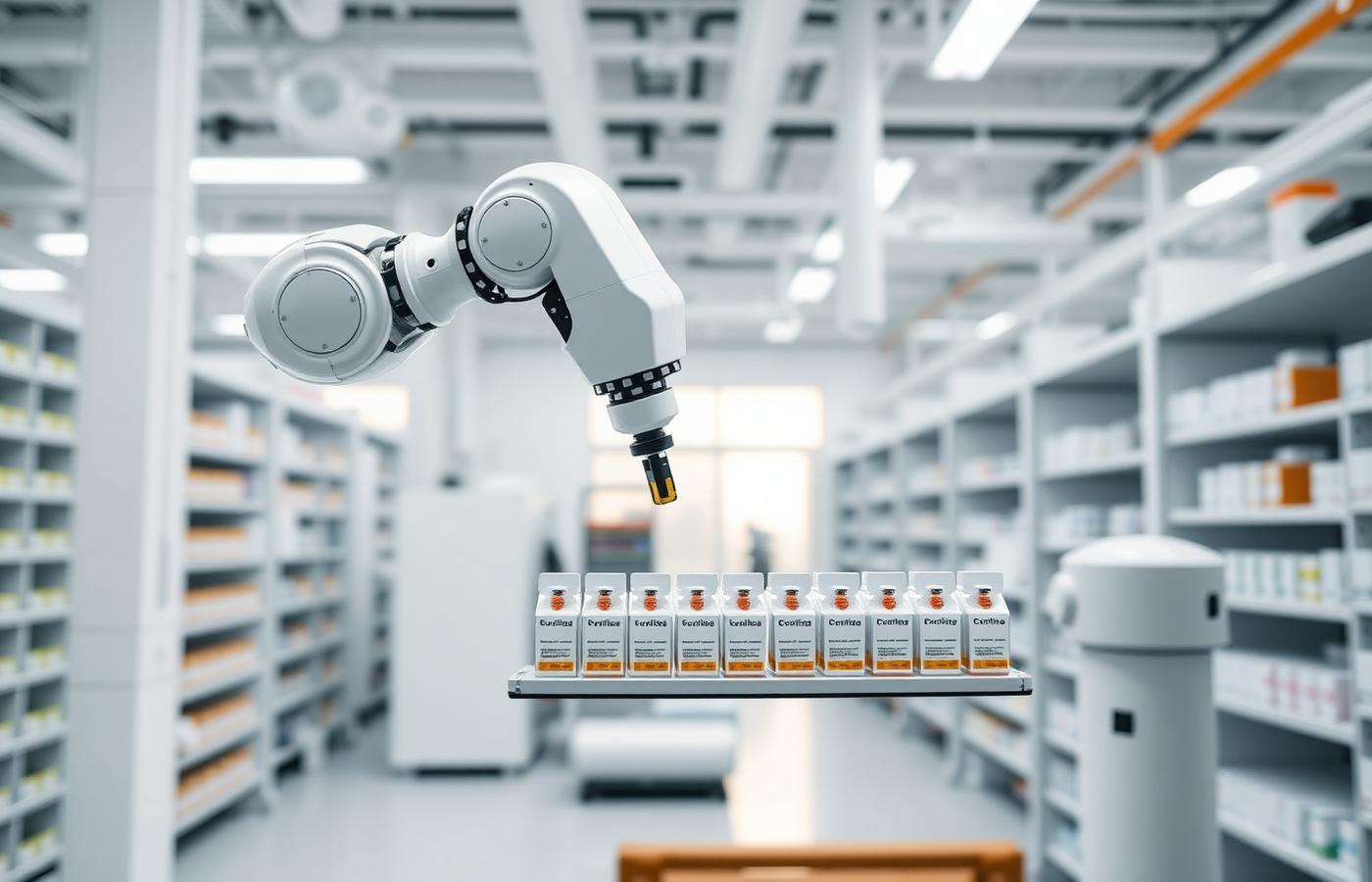Robotic arm dispensing medication in a modern pharmacy warehouse